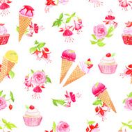Blooming fuchsia desserts and roses seamless vector print