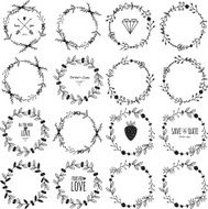 Romantic hand drawn collection of laurels wreaths and floral elements N33