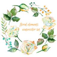 Set of different white flowers berries and leaves for design