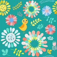 Vector floral pattern with colorful flowers and birds N2