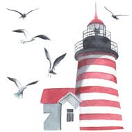 Watercolor lighthouse and seagulls N2