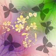 Phantasy background with butterflies silhouettes and flower