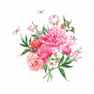 Vintage Watercolor Greeting Card with Blooming Flowers and Butterflies