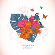 Vintage Greeting Card Tropical Flowers Butterfly and Birds N3