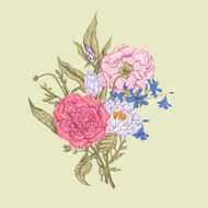 Gentle Retro Summer Floral Greeting Card Vintage Bouquet Vector illustration N13