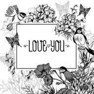 Vintage Monochrome Floral Greeting Card with Birds and Butterflies N3