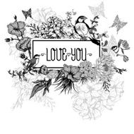Vintage Monochrome Floral Greeting Card with Birds and Butterflies N4