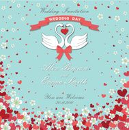 Wedding invitation Swans flying hearts flowers background