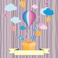 Vector illustration in - hot air balloons gift box ribbon