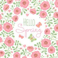 Season card Hello Spring with cute flowers and butterflies N2