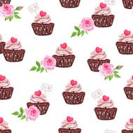 Chocolate cupcakes with hearts seamless vector print