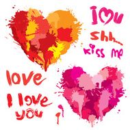Set of Heart shapes are made brush strokes and blots