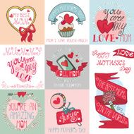 Mothers day cards set Ribbons hearts decor elements lettering N2