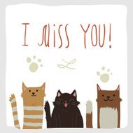 Ð¡artoon flat I Miss You postcard with funny cats