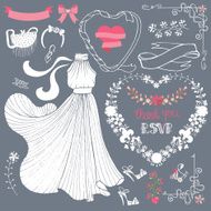 Bridal shower Dress Floral Decor elements set Outline N2