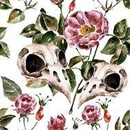 Seamless pattern with flowers and birds skull Watercolor illustration N8