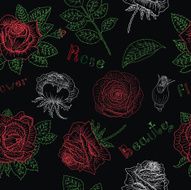 Seamless patter with roses and leaves on black