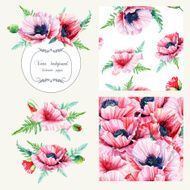 Set of poppies frame decorative element and two seamless pattern