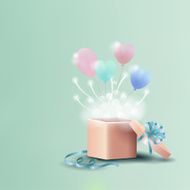 Birthday card invitation with gift box and heart balloons