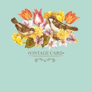 Spring Floral Retro Card with Bird Sparrows N5