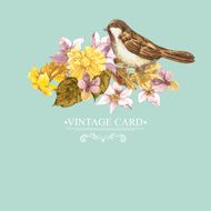 Floral Retro Card with Bird Sparrows N6