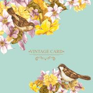 Floral Retro Card with Bird Sparrows N7