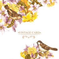 Floral Retro Card with Bird Sparrows N8