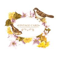 Floral Retro Card with Bird Sparrows N9