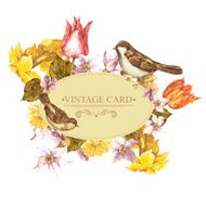 Spring Floral Retro Card with Bird Sparrows N6