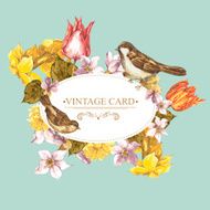 Spring Floral Retro Card with Bird Sparrows N7