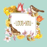 Spring Floral Retro Card with Bird Sparrows N8