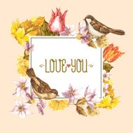 Spring Floral Retro Card with Bird Sparrows N9