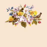 Spring Floral Retro Card with Sparrows N2