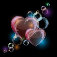 Romantic background with colorful bubble hearts shapes on black