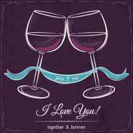 purple wedding card with two glass of wine