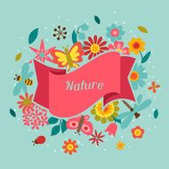Card with beautiful simple flowers beetles and butterflies N3