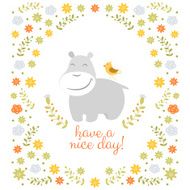 Happy hippo on floral background N2