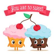 Cute pair of cupcakes sharing a cherry N2