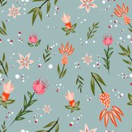 Seamless Cartoon Floral Pattern on light blue background