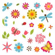 Natural set of beautiful flowers beetles and butterflies N2