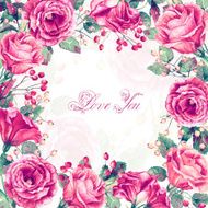Frame of watercolor roses and berries