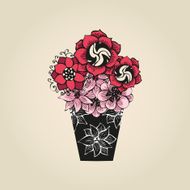 Hand drawn tattoo flowers in black vase