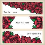 Banners with doodling flowers like roses in tattoo style N2