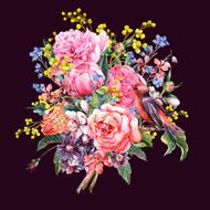 Spring Watercolor Floral Bouquet with Bird N2