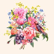 Spring Watercolor Floral Bouquet with Bird N3