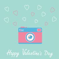 Photo camera with bird and hearts Happy Valentines Day card