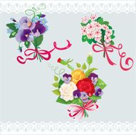 Set of holidays bouquets with sakura roses pansies flowers