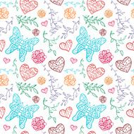 Floral seamless pattern with flowers hearts and butterfly N4