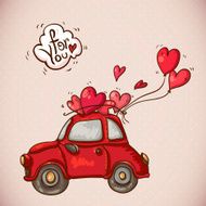 Doodle Card Valentines Day with Red Car N2