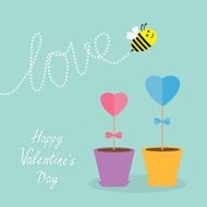 Heart stick flower pot bee love Flat design Valentines day